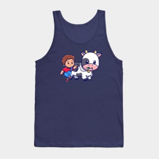 Cute Boy Walking With Cow Cartoon Tank Top